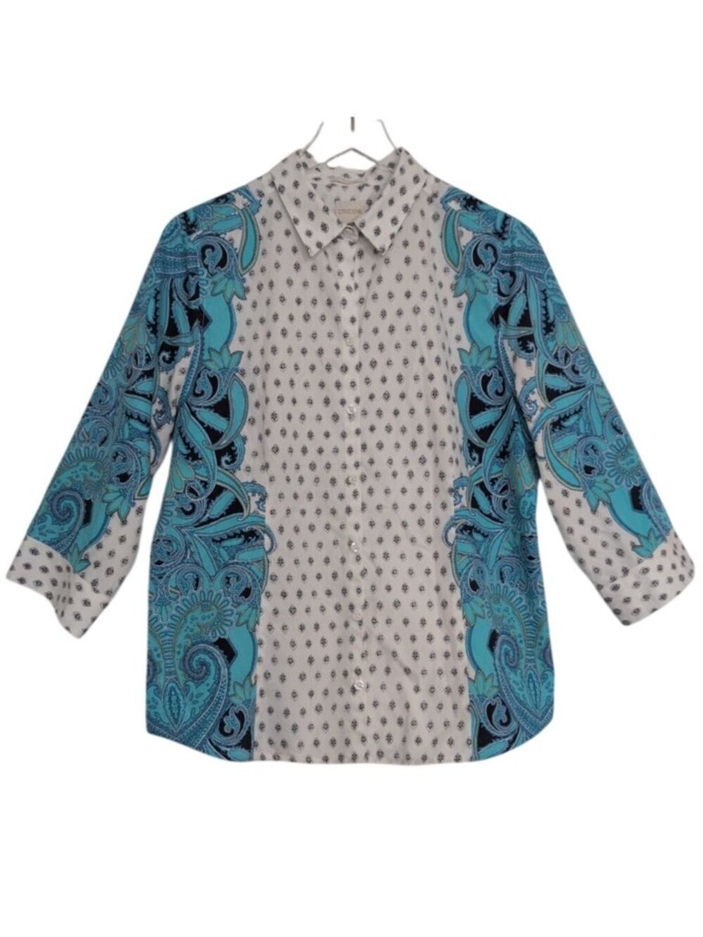Chicos 2 No Iron Paisley Shirt Womens Size Large Blue Lightweight 3/4 Sleeves